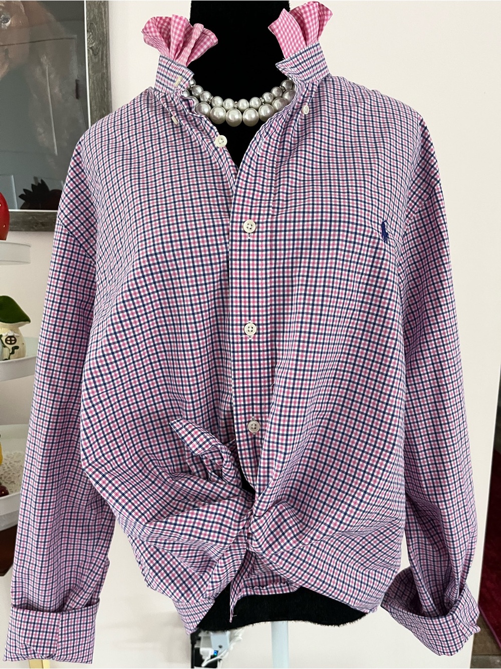 Reworked Ralph Lauren Pink and Blue Gingham Button-Down Ruffle Collar - Picture 2 of 9